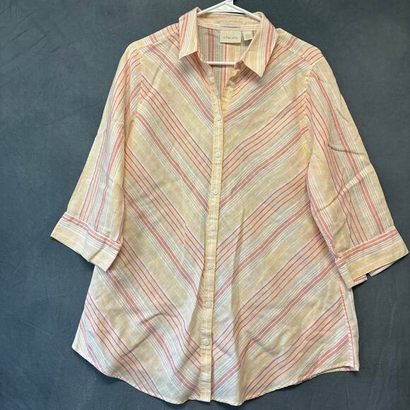 Chicos Blouse No Iron 100% Linen Beachy Geometric Vacation Artsy Cottagecore - Picture 1 of 9